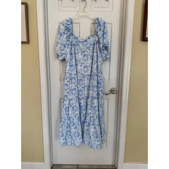 Hayden Square Neck Short Sleeve Blue Floral Dress Size 2XL - Picture 2 of 11